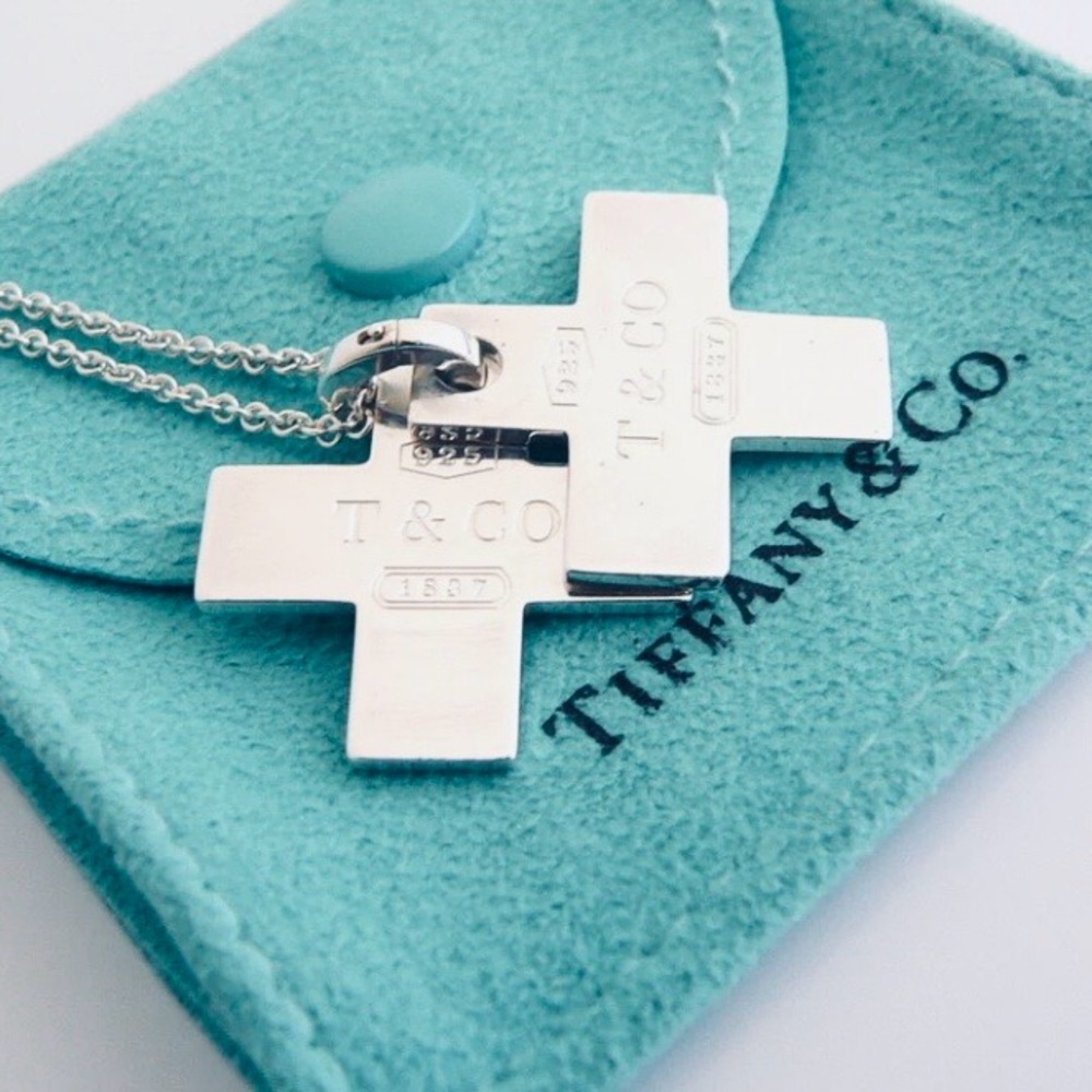 Authenticated Tiffany & Co 1837 Double Cross Necklace Sterling Silver Rare 18” - Picture 4 of 8
